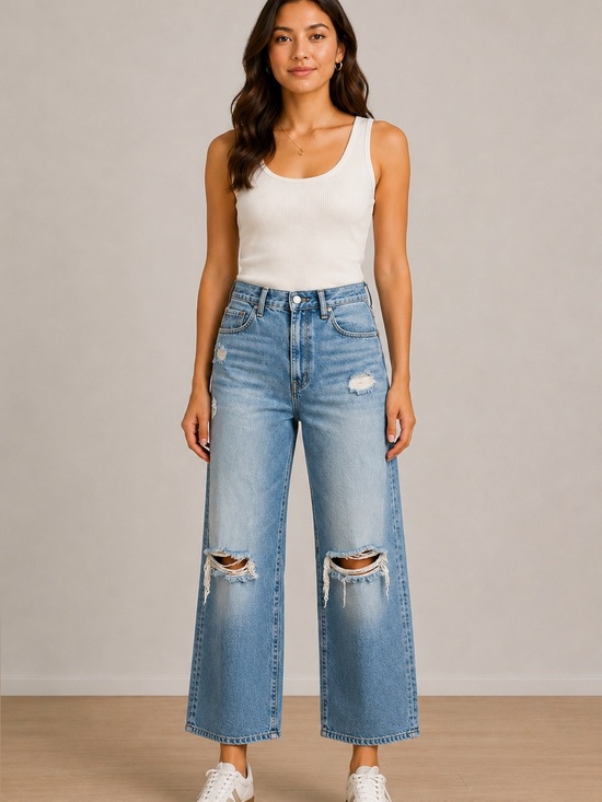 Pilcro Denim - Pilcro Distressed Wide Leg Jeans Light Wash High Rise Relaxed Denim size 28